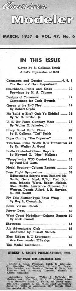 Table of Contents for March 1957 American Modeler - Airplanes and Rockets