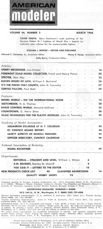 Table of Contents for March 1968 American Aircraft Modeler - Airplanes and Rockets