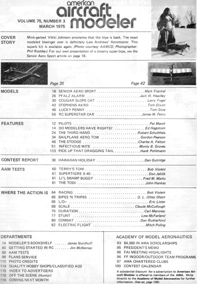 Table of Contents for March 1975 American Aircraft Modeler - Airplanes and Rockets