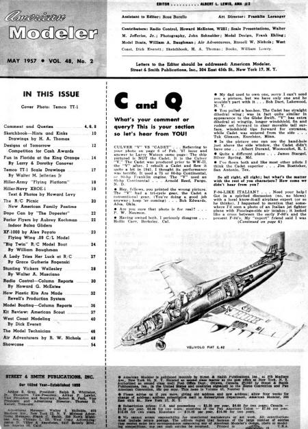 Table of Contents for May 1957 American Modeler - Airplanes and Rockets