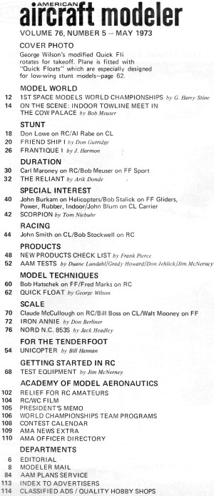Table of Contents for May 1973 American Aircraft Modeler