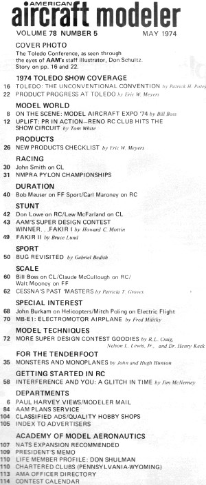 Table of Contents for May 1974 American Aircraft Modeler - Airplanes and Rockets