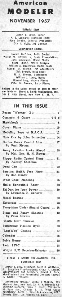 Table of Contents for November 1957 American Modeler