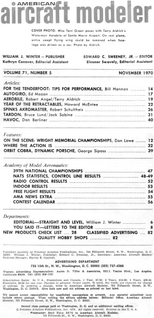 Table of Contents for November 1970 American Aircraft Modeler - Airplanes and Rockets
