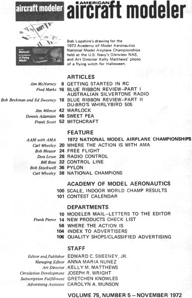 November 1972 American Aircraft Modeler Table of Contents - Airplanes and Rockets