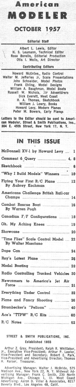 Table of Contents, October 1957 American Modeler - Airplanes and Rockets