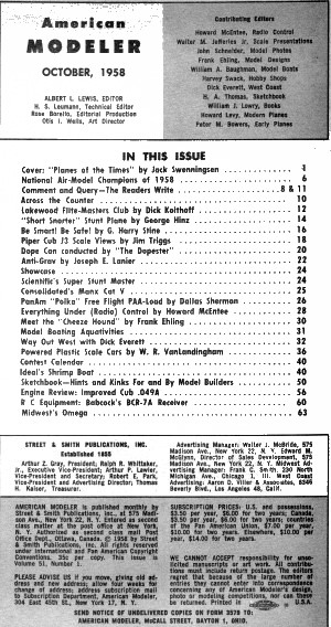 Table of Contents, October 1958 American Modeler - Airplanes and Rockets