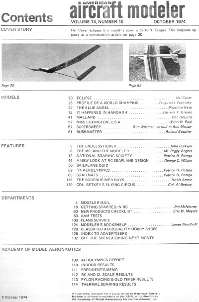 Table of Contents for October 1974 American Aircraft Modeler - Airplanes and Rockets