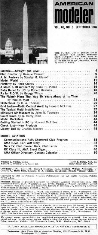 Table of Contents for September 1967 American Modeler - Airplanes and Rockets