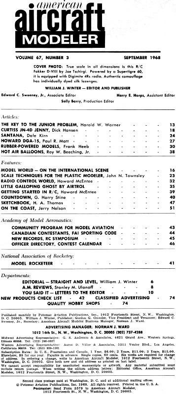 Table of Contents for September 1968 American Aircraft Modeler - Airplanes and Rockets