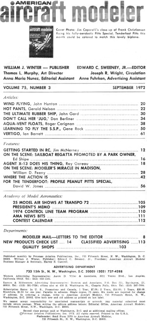 September 1972 American Aircraft Modeler Table of Contents - Airplanes and Rockets
