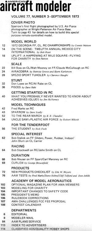 September 1973 American Aircraft Modeler Table of Contents - Airplanes and Rockets