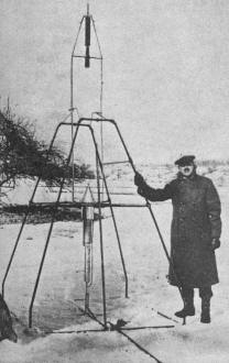 Dr. Robert H. Goddard, with world's first liquid fuel rocket - Airplanes and Rockets
