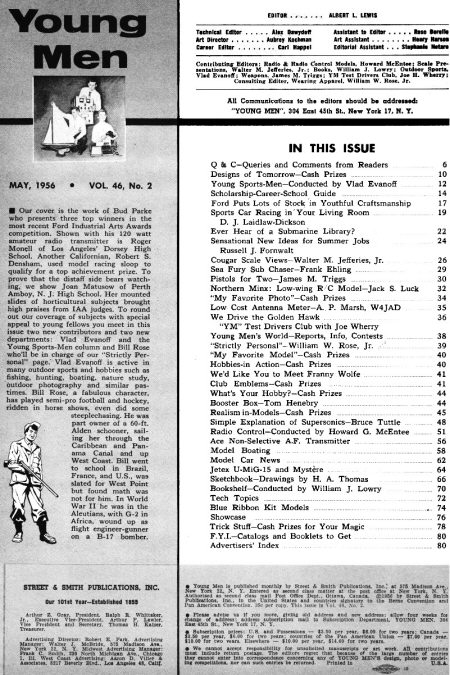 Table of Contents for May 1956 Young Men - Airplanes and Rockets