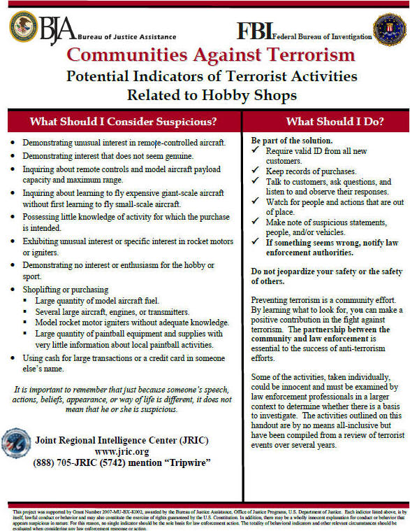Potential Indicators of Terrorist Activities Related to Hobby Shops - Airplanes and Rockets