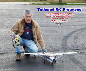 Prototype tethered R/C Carl Goldberg ½A Skylane on 35' monoline, Futaba 75 MHz radio, e-Flite Park 450 brushless motor - Airplanes and Rockets