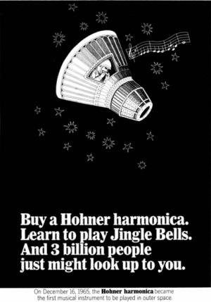 Hohner Harmonica Ad Commemorating Wally Schirra's Playing of Jingle Bells from Mercury 6A (Wikipedia image) - Airplanes and Rockets
