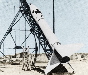 Honest John Rocket, H-J development round No. 1236F-M173 on the fixed-development launcher at White Sands Proving Grounds, New Mexico, September 1968 AAM - Airplanes and Rockets