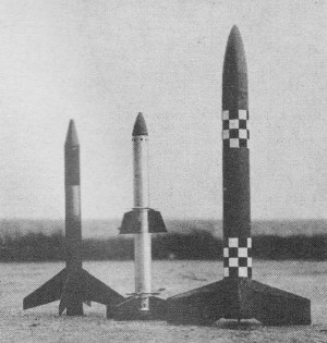 Close-up shows winning model at right which attained altitude of 1,817 feet - Airplanes and Rockets