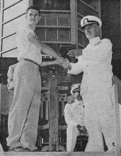 Don Alberts awarded Senior National Champion plaque by Vice-Admiral Harold M. Martin - Airplanes and Rockets