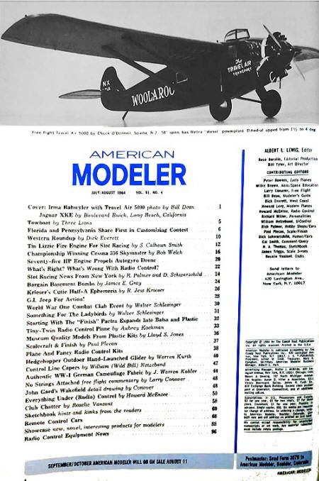 July/August 1964 American Modeler Table of Contents - Airplanes and Rockets