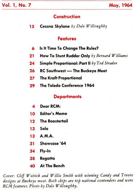 May 1964 R/C Modeler Table of Contents - Airplanes and Rockets